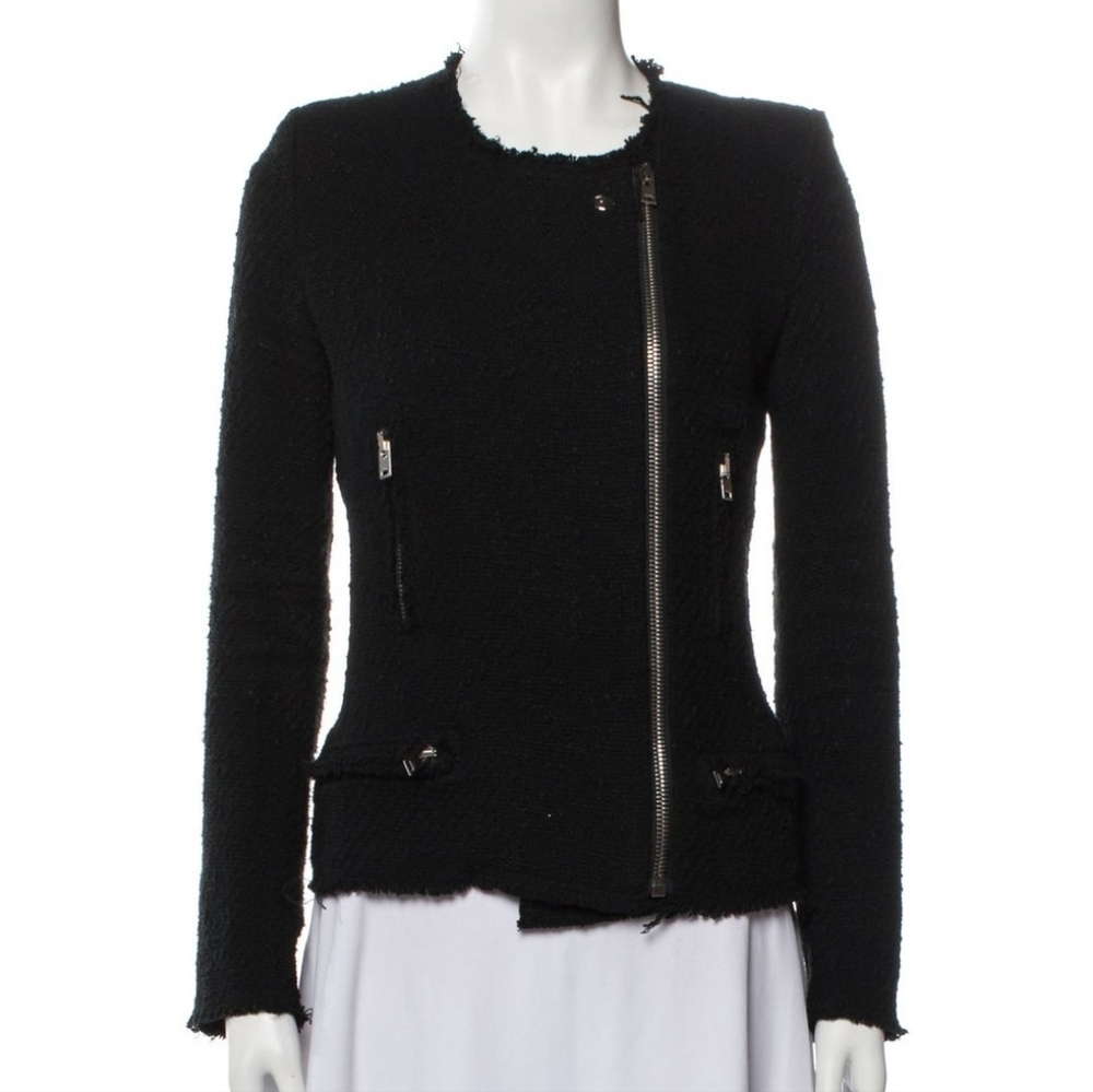 IRO Tweed Cotton Black, Silver Padded Shoulders Zip Up Jacket Size M Women's
